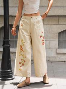 Bohemela Quần ống rộng in hoa cỡ lớn cho nữ mặc thường ngày ngày lễ - Màu be - Xem 10