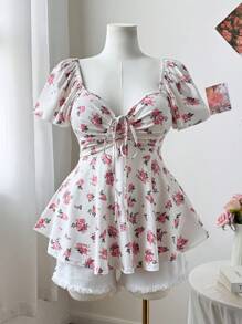 Sweetra 大码女式春夏方领、蝴蝶结、荷叶边袖、碎花、A 字廓形优雅复古可爱休闲度假花卉 T 恤 - 彩色 - 查看 6