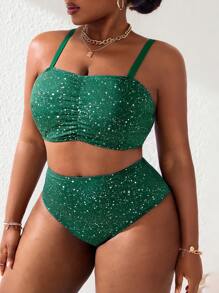Slaydiva Plus Size Women 2Pcs Glittery Green Beach Vacation Spaghetti Strap Crop Top & Bottoms Bikini Set For Summer - Green - View 8