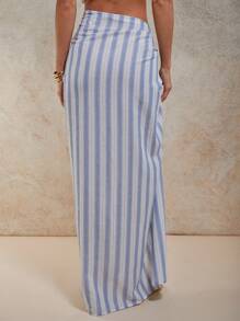 COSMINA Women's Blue And White Striped Vacation Cover Up, Woven Fabric, Long, Split Thigh Detail, Sarong - Blue and White - View 2