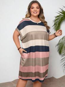 SHEIN CURVE+ Plus Size Women's Casual Striped Color-Block Pattern Round Neck Midi Dress,Summer Outfits For Womenbeach Outfits For Woman/Beach Dress/Beach Vacation Outfits/Beach Essentials / Graduation/Tea Party Dress