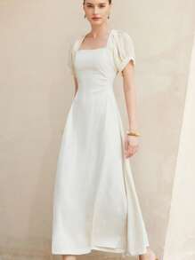 Aveloria Elegante vestido maxi de línea A para mujer con cuello cuadrado francés, mangas farol semi transparentes de gasa con parches, cintura recogida