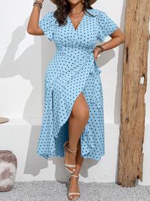 SHEIN Clasi Plus Size Polka Dot V-Neck Ruffle Sleeve Side Tied Summer Dress - Blue - View 4