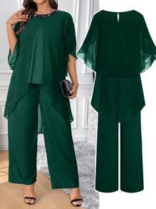 SHEIN Clasi 2pcs/Set Gaun Elegan Wanita Ukuran Plus Bahan Chiffon Leher Bulat Berpayet Lengan Bentuk Kerang - Hijau - View 1