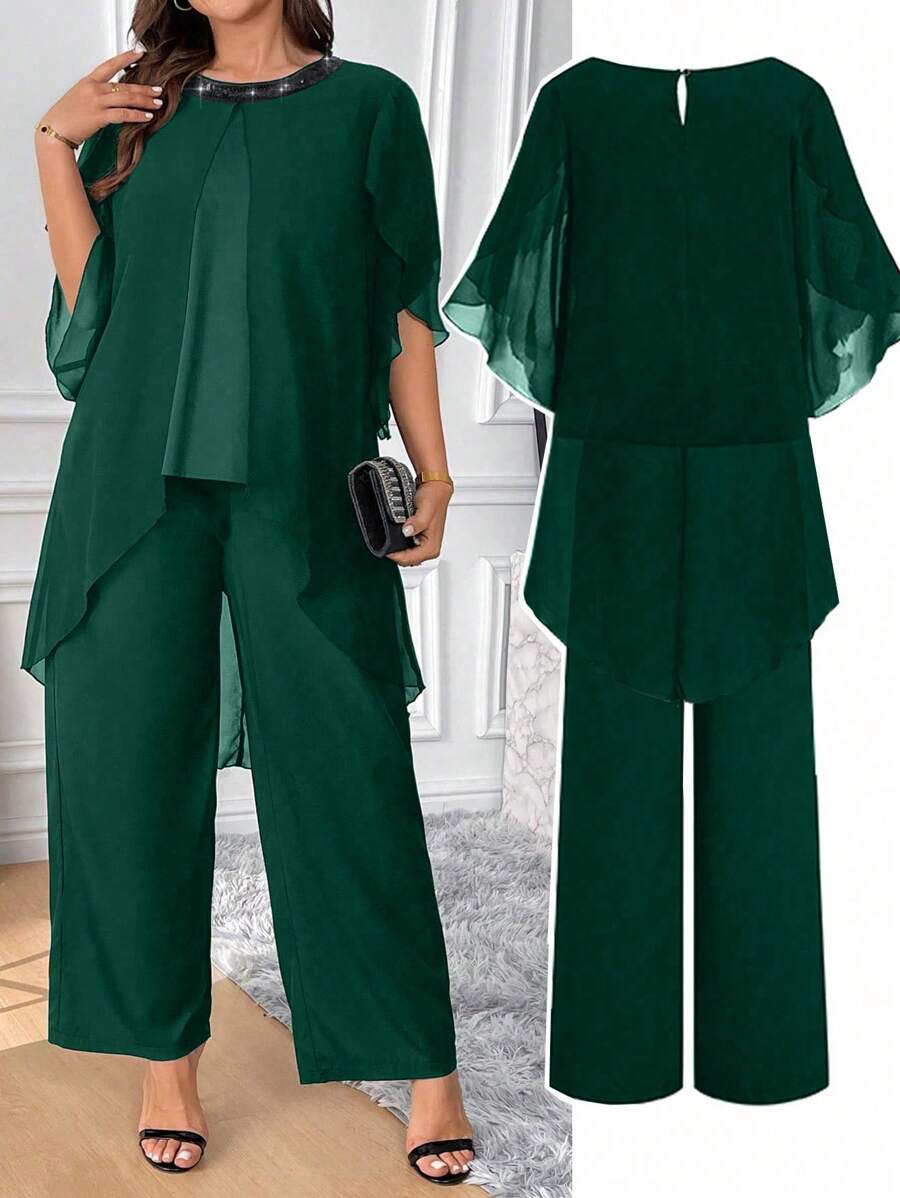 SHEIN Clasi 2pcs/Set Gaun Elegan Wanita Ukuran Plus Bahan Chiffon Leher Bulat Berpayet Lengan Bentuk Kerang - Hijau - View 1