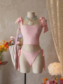 Bellisia Pink Square Neck Bow-Tied Camisole And Criss-Cross Triangular Bottom Tankini Set For Summer Beach Vacation - Pink - View 4