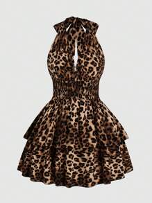 Sunspun Plus Size Leopard Print Backless Sleeveless Mini Dress - Brown - View 1