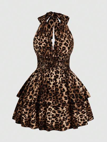 Sunspun Plus-size luipaardprint mini-jurkje zonder rug en mouwen