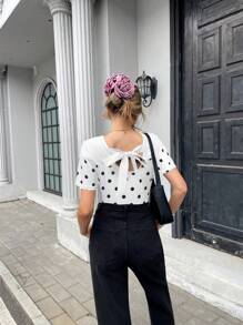 Pariaura Maglietta a maniche corte con schiena aperta, stile francese a pois, per donna, primavera/estate