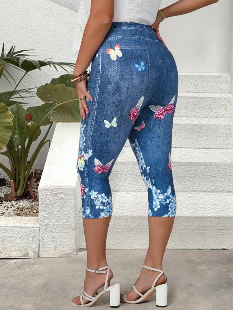 Plus Size Women Floral Denim Effect Look Leggings, Summer
