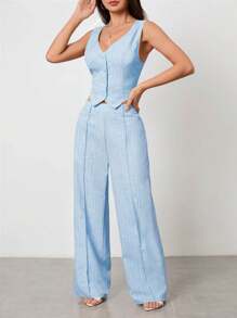 SHEIN PETITE Bộ áo len cardigan không tay và quần âu hai mảnh - Màu xanh nhạt - Xem 6