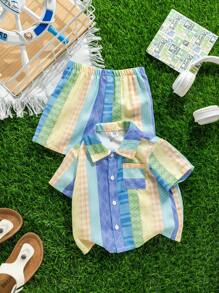 SHEIN 2pcs Baby Boy Cute Summer Casual Holiday Striped Short Sleeve Shirt And Elastic Waist Shorts Outfit Set - Multicolor - View 9