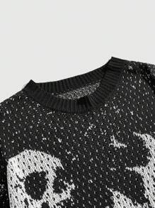 ROMWE MEN Men's Gothic Contrast Color Skull Pattern Lightweight Hollow-Out Knitted Sweater