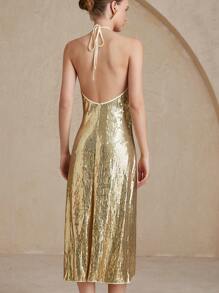 Aveloria Rosie فستان ماكسي مناسب للحفلات بتصميم أنيق مع فتحة للرقبة عند الياقة وألوان متكتلة مع فيونكة خلف ظهر غير متماثل، مزين بالخرز والترتر، للنساء - الذهبي - مشاهدة 2