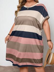 SHEIN CURVE+ Plus Size Women's Casual Striped Color-Block Pattern Round Neck Midi Dress,Summer Outfits For Womenbeach Outfits For Woman/Beach Dress/Beach Vacation Outfits/Beach Essentials / Graduation/Tea Party Dress