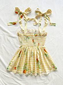 Soleia 女式夏季假期黄色格子全身柠檬印花系带荷叶边肩部下摆休闲返校衬衫 - 黃色 - 查看 2