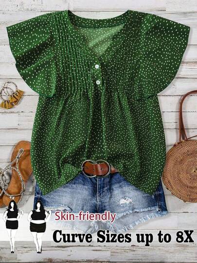 SHEIN CURVE+ Dam Plus Size Snygg Blommig Fyrkantig Halsringning Puffärm Rynkad Volang Fåll Casual Semestertopp