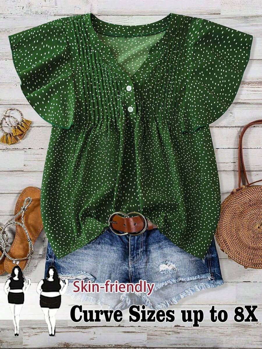 SHEIN CURVE+ 女式加大码碎花方领泡泡袖褶饰荷叶边下摆休闲度假上衣 - 彩色 - 查看 1