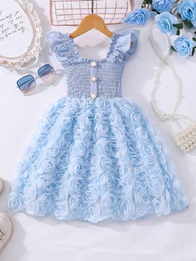 Glamorique Kids Little Girls Solid Color Flower Patched Cap Sleeve Elegant Summer Dress Summer Holiday