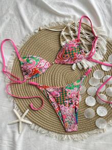 Swim Chiccia Beach Summer Outfits For Women, New Multi-Color Paisley Pearl Buckle High-Cut Bikini Two Pieces Swimsuit Sets, Beach Resort - Multicolor - View 1