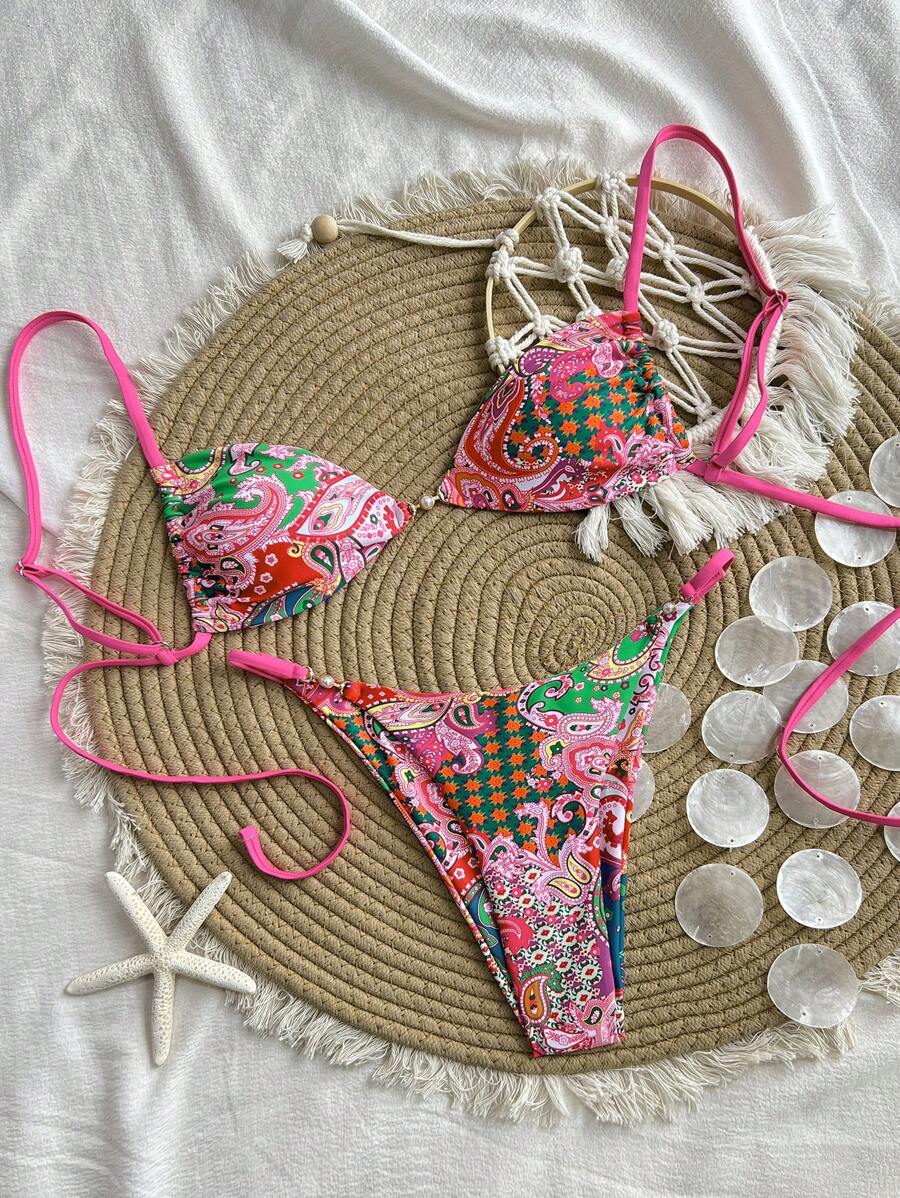 Swim Chiccia Beach Summer Outfits For Women, New Multi-Color Paisley Pearl Buckle High-Cut Bikini Two Pieces Swimsuit Sets, Beach Resort - Multicolor - View 1