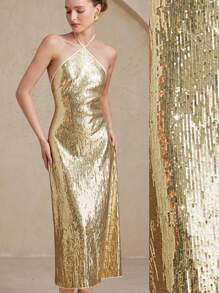 Aveloria Rosie فستان ماكسي مناسب للحفلات بتصميم أنيق مع فتحة للرقبة عند الياقة وألوان متكتلة مع فيونكة خلف ظهر غير متماثل، مزين بالخرز والترتر، للنساء - الذهبي - مشاهدة 5