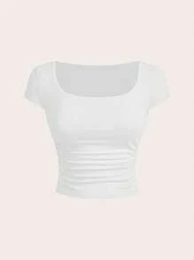 SHEIN EZwear 3 件女士休闲 U 领褶皱修身短袖 T 恤，适合夏季 - 彩色 - 查看 10