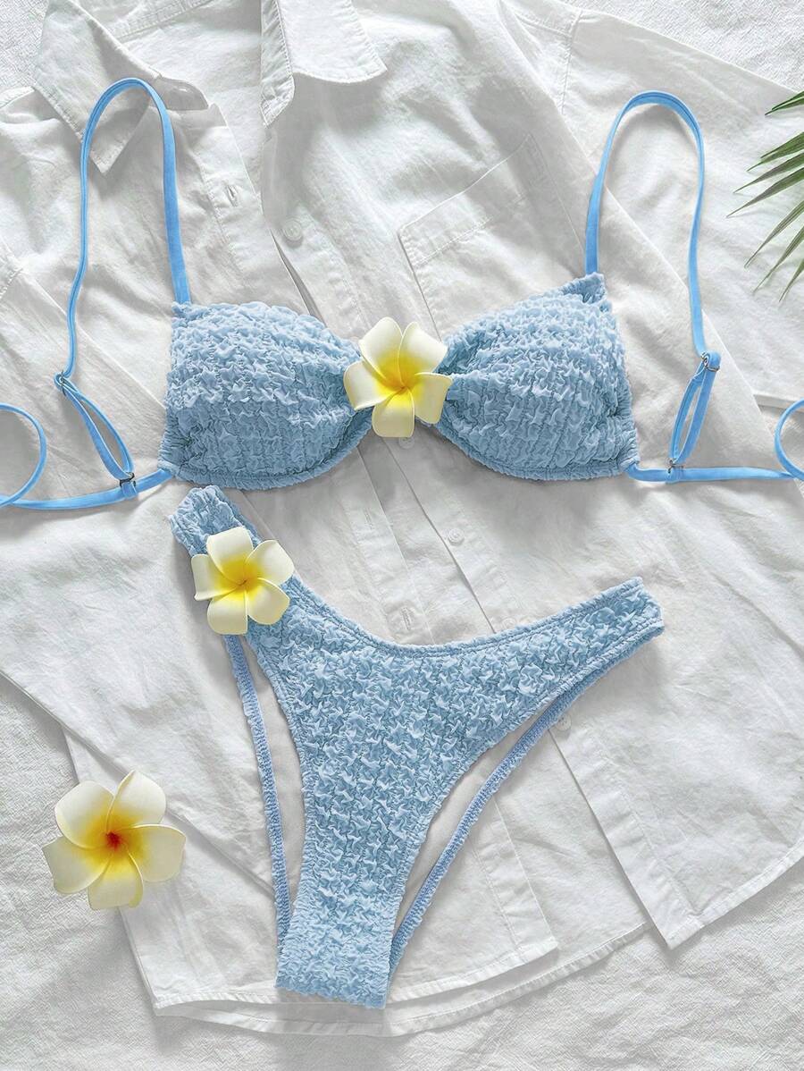 Swim Mod 2pcs/Set Summer Beach Vacation Solid Textured Fabric Floral Decor Spaghetti Strap Bandeau Bikini Set