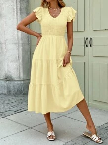 SHEIN LUNE Butter Yellow Romantic Spring Date Ruffled Flounced Hem Pink Mid-Length Dress For Women,Bohemia,Summer Dresses For Women