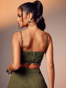 Denimoi Sexy Fryed Hem Denim Corset Top For Summer - Olive Green - View 3