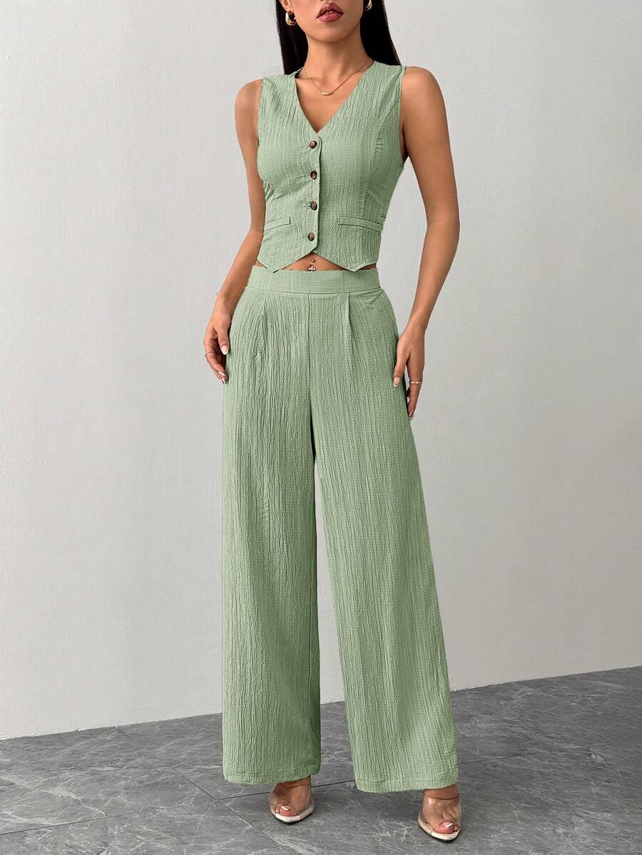 SHEIN PETITE Women's Casual Two-Piece Outfit: Mint Green Woven Fabric V-Neck Sleeveless Crop Top And Wide-Leg Pants Set With Pockets - Mint Green - View 1