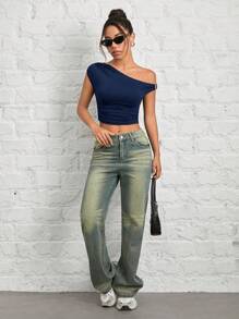 SHEIN PETITE Women's Solid Color Gathered Off-Shoulder Asymmetric Summer Top Off The Shoulder Top - Navy Blue - View 6