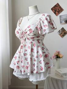 Sweetra 大码女式春夏方领、蝴蝶结、荷叶边袖、碎花、A 字廓形优雅复古可爱休闲度假花卉 T 恤 - 彩色 - 查看 4