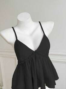 Elamini Áo hai dây trơn màu cho nữ, tối giản và thời trang, phù hợp cho mùa hè, áo babydoll - màu đen - Xem 3