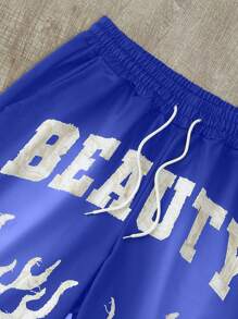 Manfinity EMRG Men's Letter & Flame Print Drawstring Waist Shorts, Suitable For Summer - Multicolor - View 3