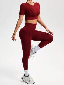 Easithlete Solid Color Cropped Top And Leggings Seamless Elastic Sports Set Workout Women Sets - Burgundy - View 4