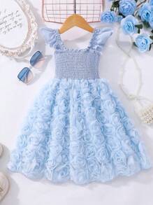 Glamorique Kids Abito elegante estivo per bambine con maniche corte a fiori e colore solido - celeste - Visualizzare 2