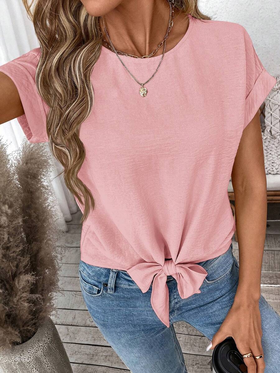 SHEIN LUNE Women's Casual Solid Color Tie-Up Short Sleeve Blouse, Basic Daily, Spring/Summer