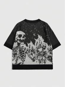 ROMWE MEN Men's Gothic Contrast Color Skull Pattern Lightweight Hollow-Out Knitted Sweater