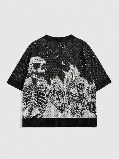 Men's Gothic Contrast Color Skull Pattern Lightweight Hollow-Out Knitted Sweater