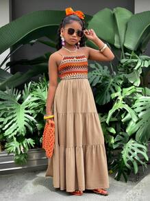 SHEIN Leap Crew Tween Girls' Holiday Casual Woven Splicing Wavy Striped Camisole Dress - Apricot - View 9