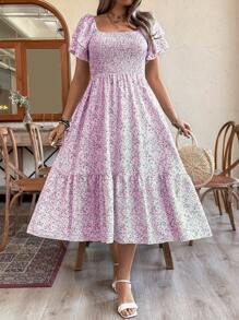 Weeklong 大码度假/休闲碎花印花连衣裙，束腰超长女装 - 玫紅色 - 查看 5