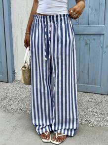 SHEIN EZwear Women's Blue Striped Woven Wide Leg Pants Striped Casual Comfortable Vacation Style Pants - Multicolor - View 5
