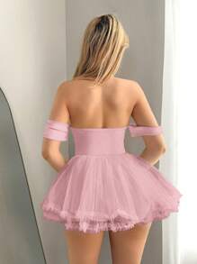 Sweetina Đầm lưới hở vai bó sát eo Skater Mini - Hồng - Xem 2