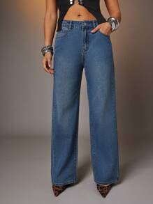 Denimoi Women Rhinestone Detail Slant Pocket Straight Leg Denim Jeans - Blue - View 3