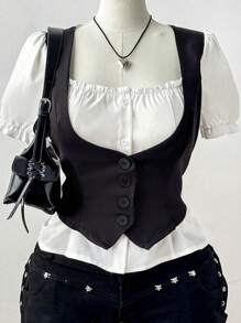 Flirla Plus Size Women Fashionable 2 In 1 Square Collar Puff Sleeve Shirt - Black and White - View 1