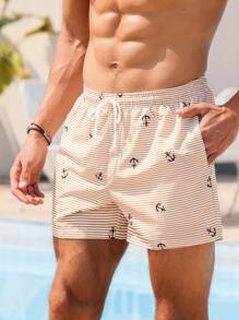 Manfinity VDAYZ Men's Striped Anchor Print Drawstring Waist Beach Shorts - Khaki - View 5