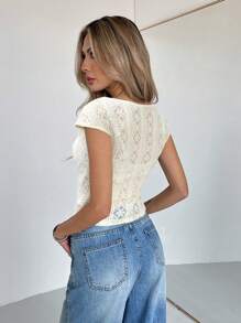 SHEIN Essnce 女士性感纯色透明蕾丝衬衫，夏季 - 杏色 - 查看 3