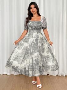 SHEIN Clasi Plus Size V-Neck Cinched Waist A-Line Vacation Dress - Multicolor - View 3