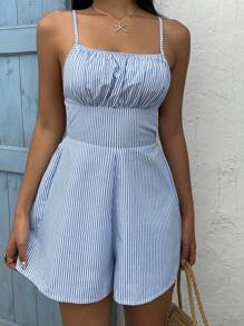 SHEIN EZwear Bộ đồ liền thân sọc hở lưng giản dị cho kỳ nghỉ hè của phụ nữ - Xanh và trắng - Xem 6
